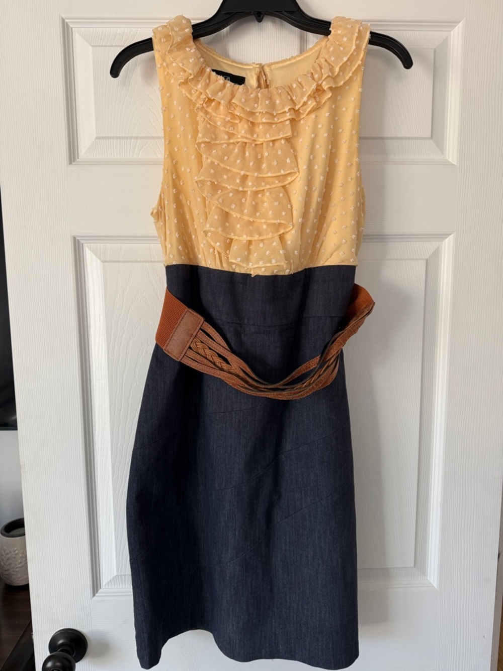 AGB Yellow Ruffle Bodice Midi Dress with Navy Skirt